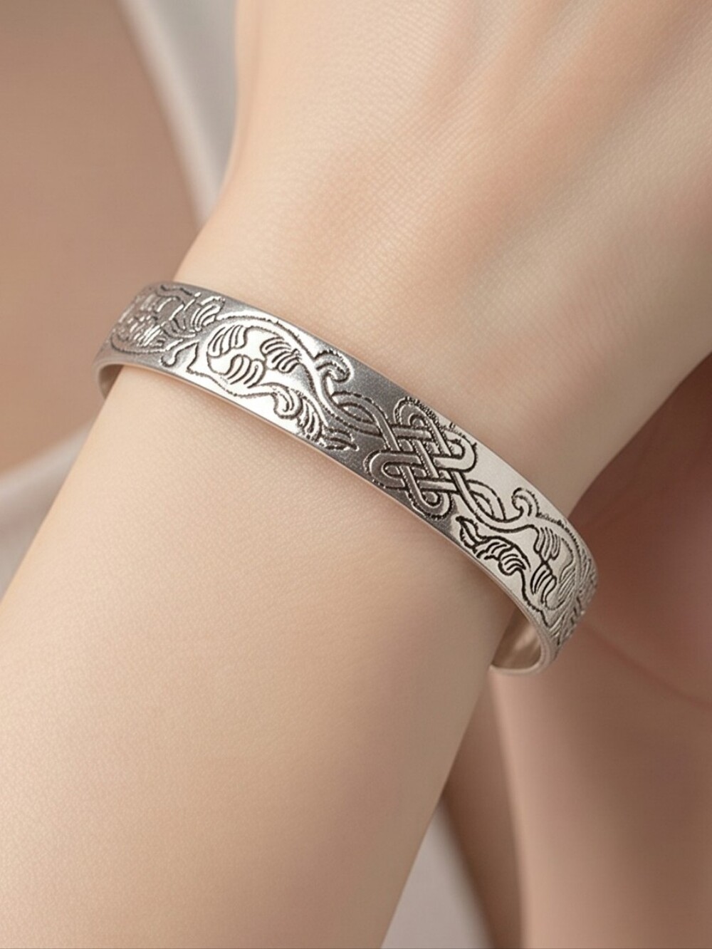 Celtic Knot Engraved Silver Cuff Bracelet Stainless Steel Adjustable Bangle New